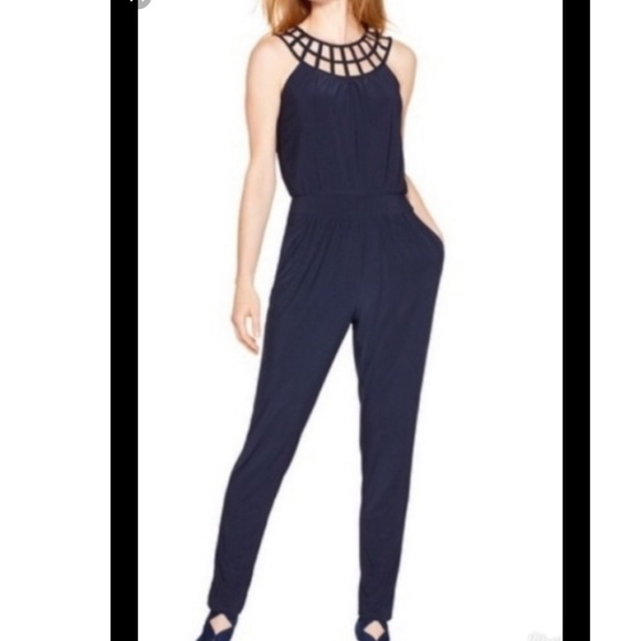 White House Black Market Pants - White House Black Market blue caged neck jumper